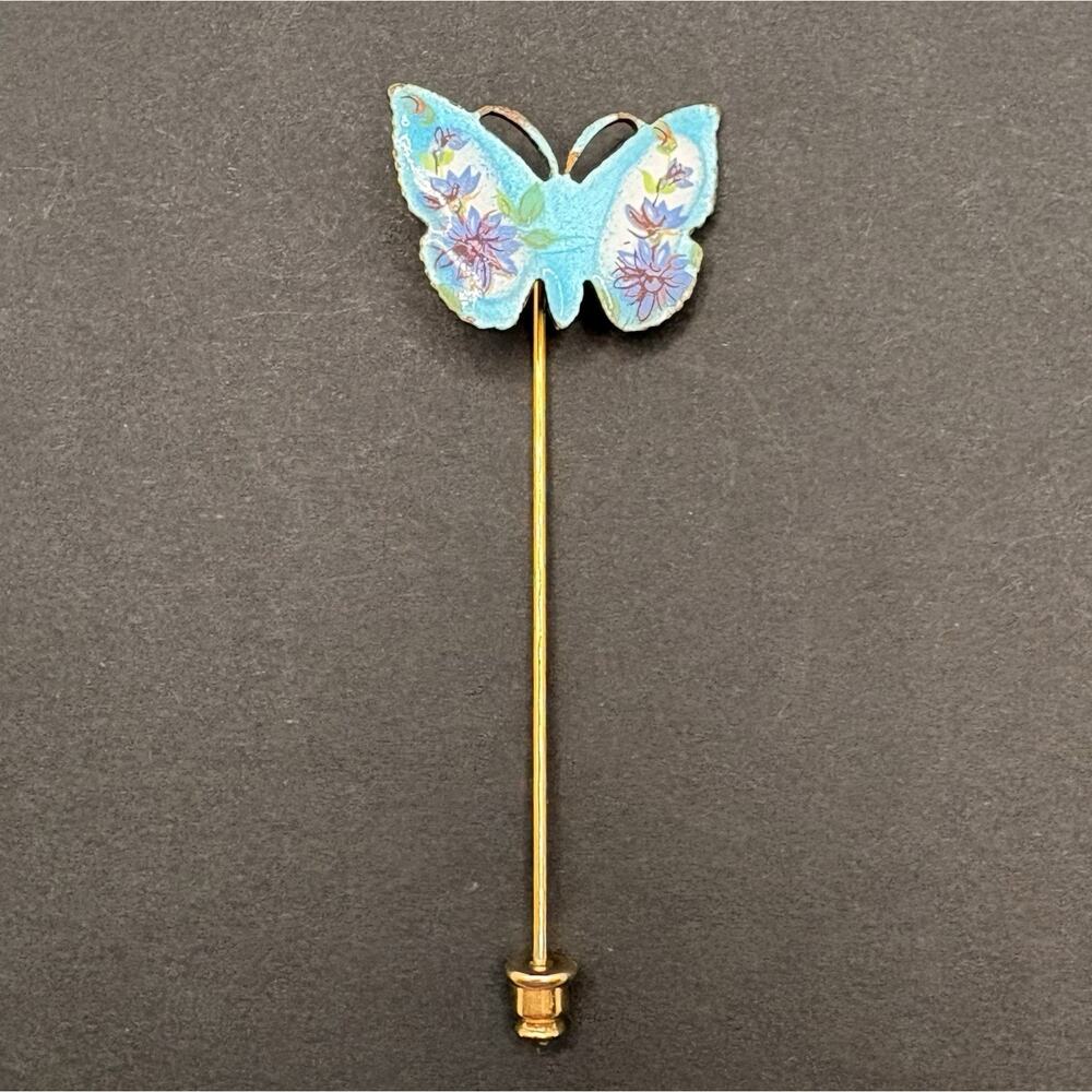 Vintage Enameled Blue Butterfly Floral Flowers Stick Pin‎ Brooch Gold Tone